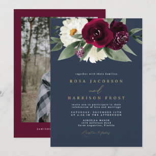 ROSA Burgundy and Navy Floral Winter Wedding Invitation