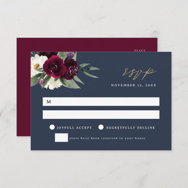 ROSA Elegant Navy & Burgundy Wedding RSVP Card (Front/Back)