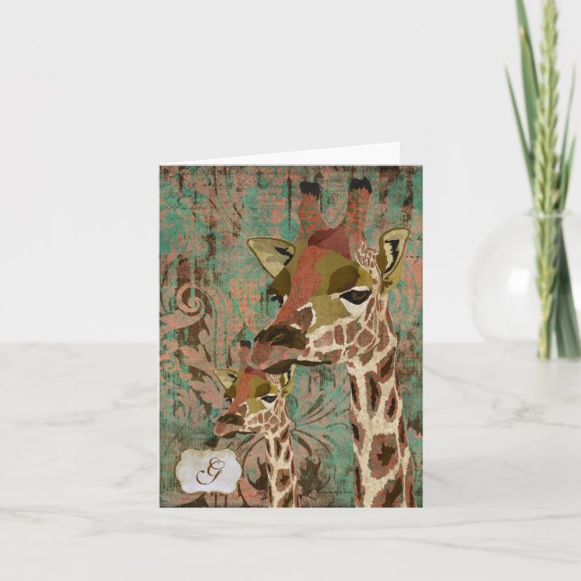 Rosa Giraffes  Damask Monogram Notecard (Front)