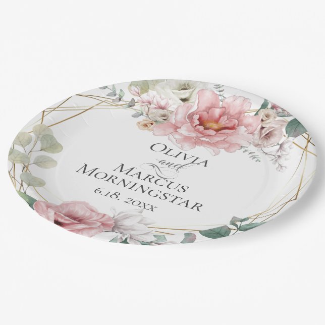 Rosa Pink Floral Summer Wedding Paper Plate (Angled)