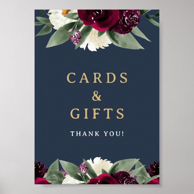 ROSA Rich Burgundy Floral Navy Cards and Gifts Poster (Front)