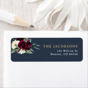 ROSA Rich Burgundy Floral Navy Gold Return Address Label