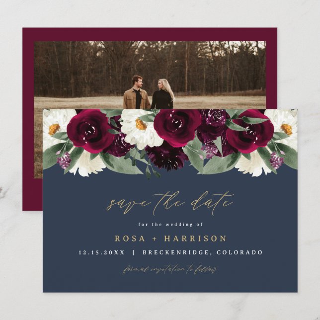 ROSA Rich Burgundy Floral Navy Photo Save the Date Invitation (Front/Back)