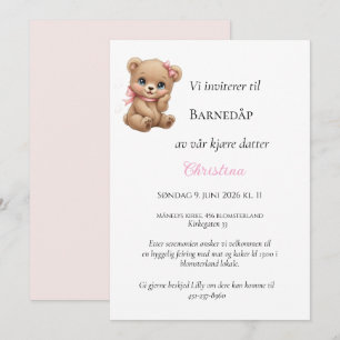 Rosa Sløyfe Bamse Dåpsinvitasjon Invitation