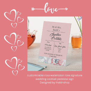 rosa watercolor rose signature wedding cocktail pedestal sign