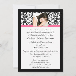 Rosa y negro del damasco de Quinceanera Fushcia Invitation