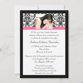 Rosa y negro del damasco de Quinceanera Fushcia Invitation