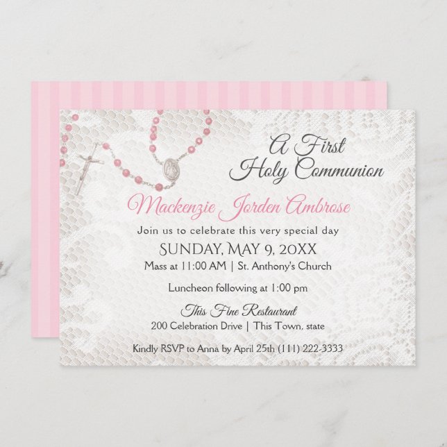 Rosary and Lace First Communion Pink Invitation (Front/Back)