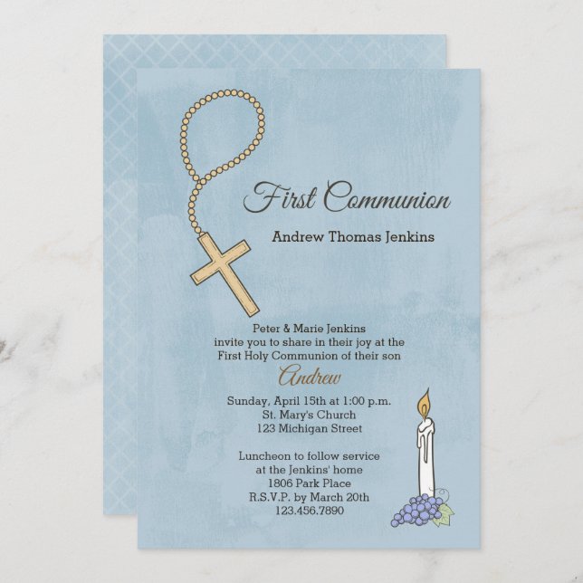 Rosary Beads, Candle Blue First Communion Invite (Front/Back)