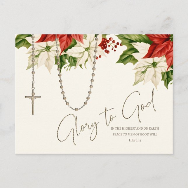 Rosary Christmas Poinsettias Merry Christmas Postcard (Front)