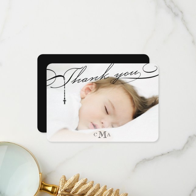 Rosary Cross Monogram Scripted Photo Religious Thank You Card (Front/Back In Situ)