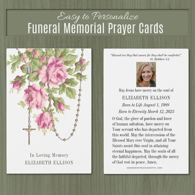 Rosary Funeral Memorial Prayer Pink Roses (Catholic Funeral Memorial Prayer Cards - Easy to Personalize)