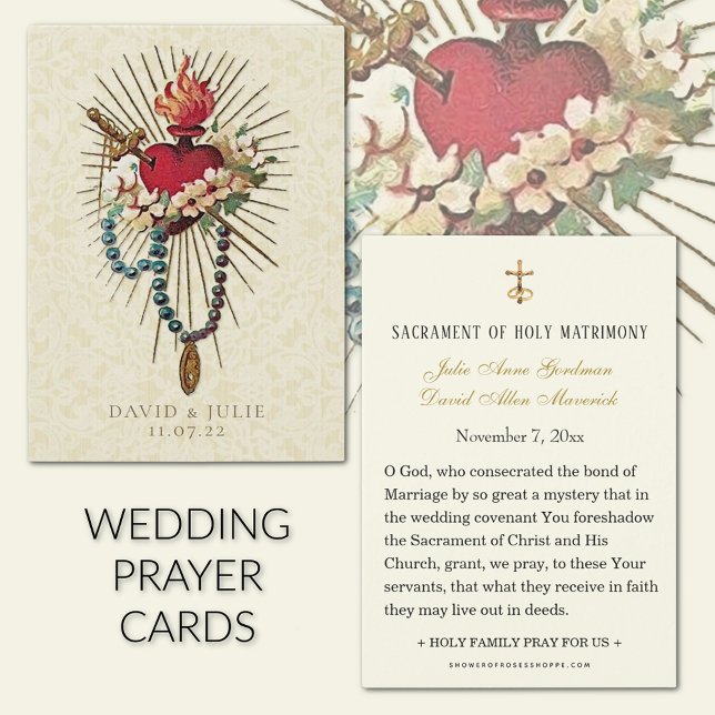 Rosary Mary Heart Catholic Wedding Prayer Card (Traditional Catholic Vintage Wedding prayer cards with the Immaculate Heart of Mary)