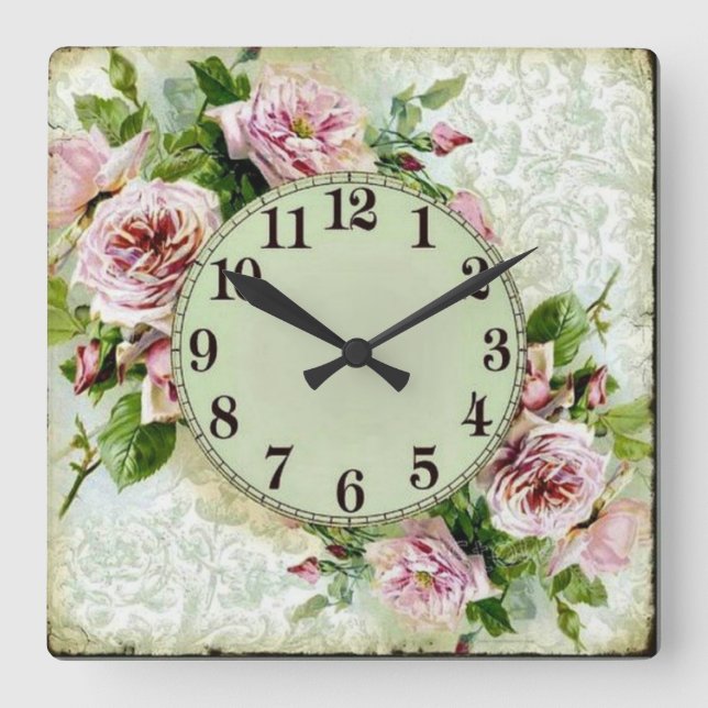 Rosas in Verde Fondo Square Wall Clock (Front)