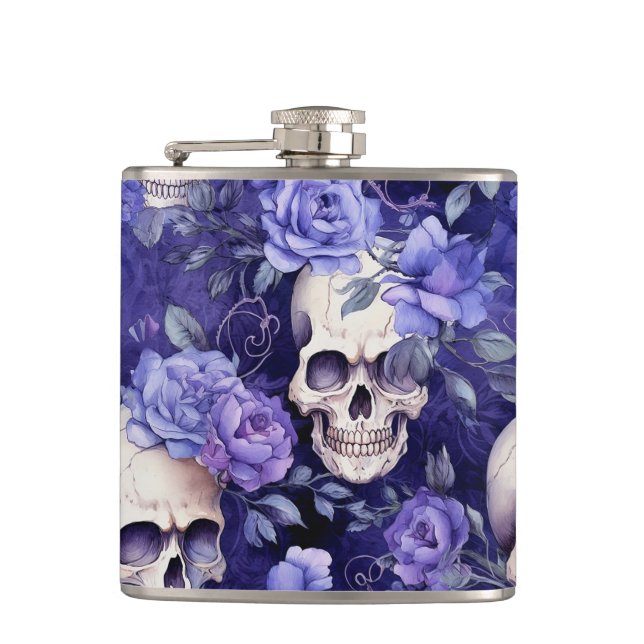 Rosas violetas con calaveras hip flask (Front)