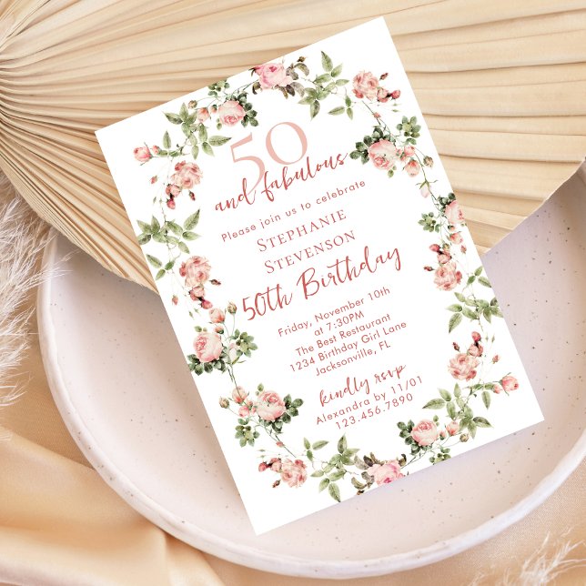 Rose 50 & Fabulous 50th Birthday Garden Tea Party Invitation (Creator Uploaded)