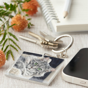 Rose a Cat with Striking Green Eyes Key Ring