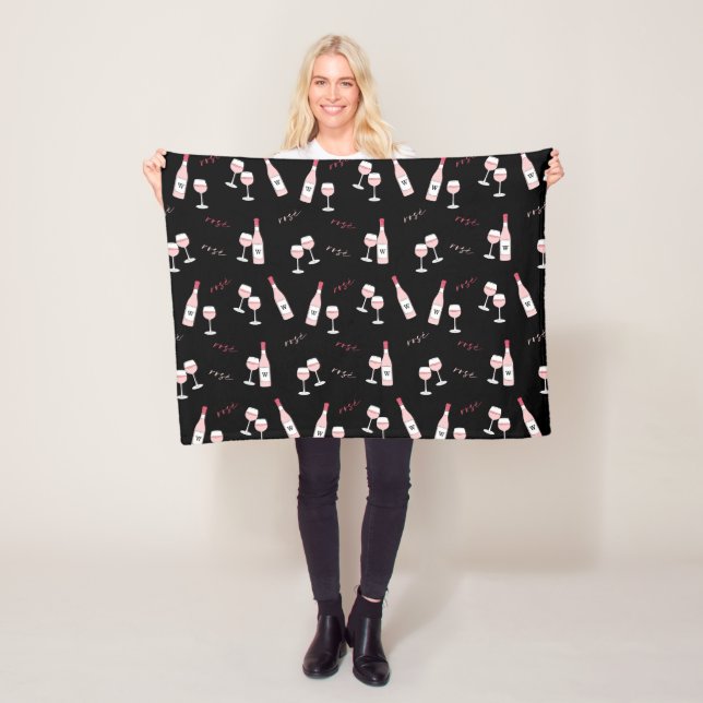Rosé All Day, Wine bottle & Glasses Monogram Black Fleece Blanket (In Situ)