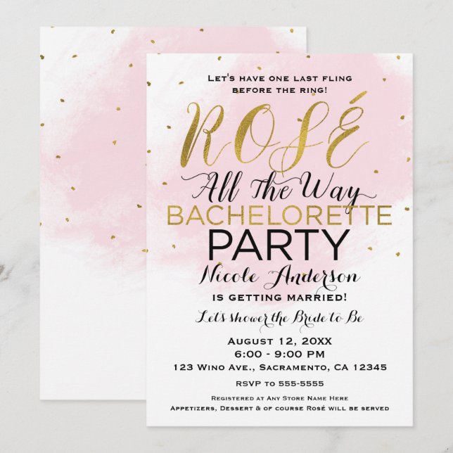 Rosé All the Way Bachelorette Party Pink & Gold Invitation (Front/Back)