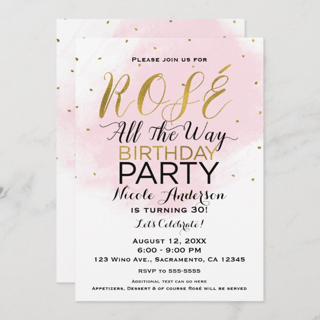 Rosé All the Way Birthday Party Pink & Gold Invitation (Front/Back)