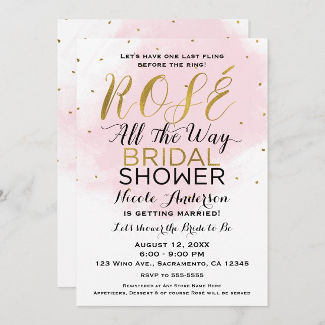 Rosé All the Way BRIDAL SHOWER Wine Pink & Gold Invitation (Front/Back)