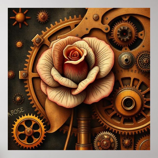 Rose among old mechanical gears steampunk style poster (Front)