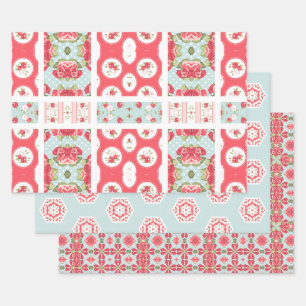 Rose and aqua patchwork design gift wrap set