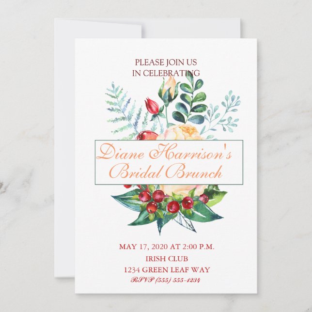 Rose and Berry Watercolor Stems Invitation (Front)