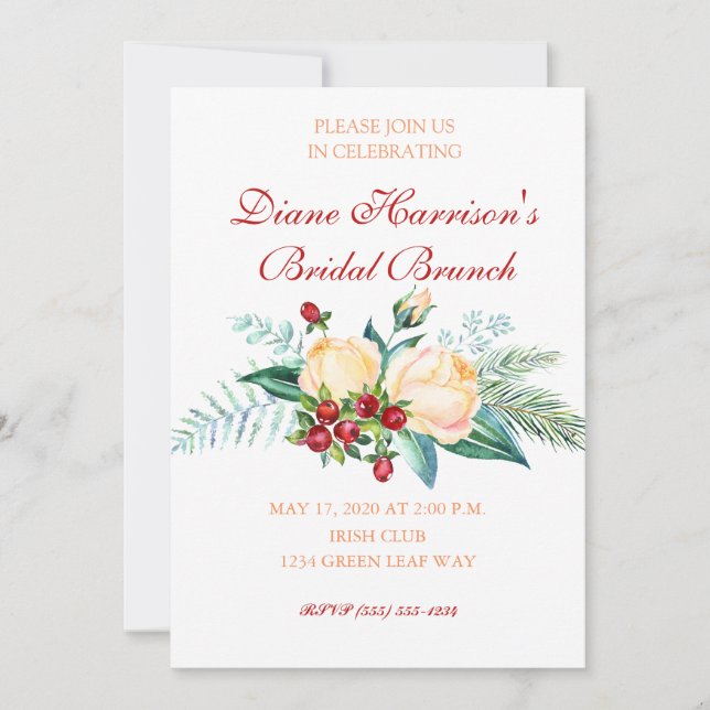 Rose and Berry Watercolor Stems Shower Invitation (Front)
