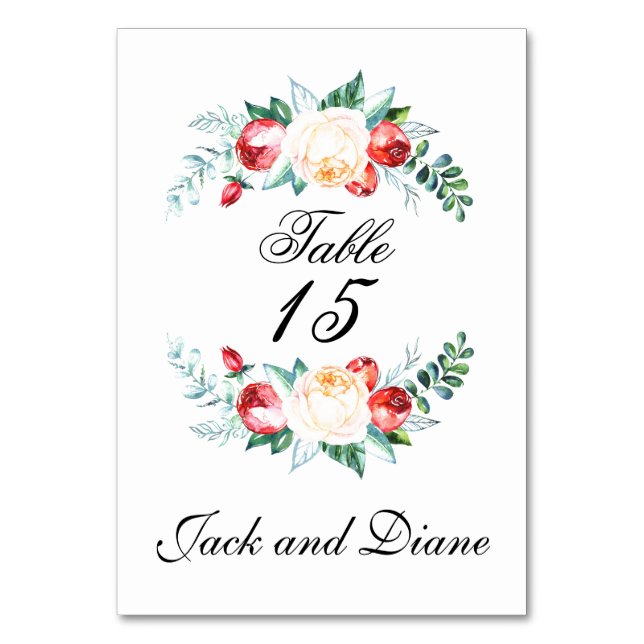 Rose and Berry Watercolor Stems Table Number (Front)