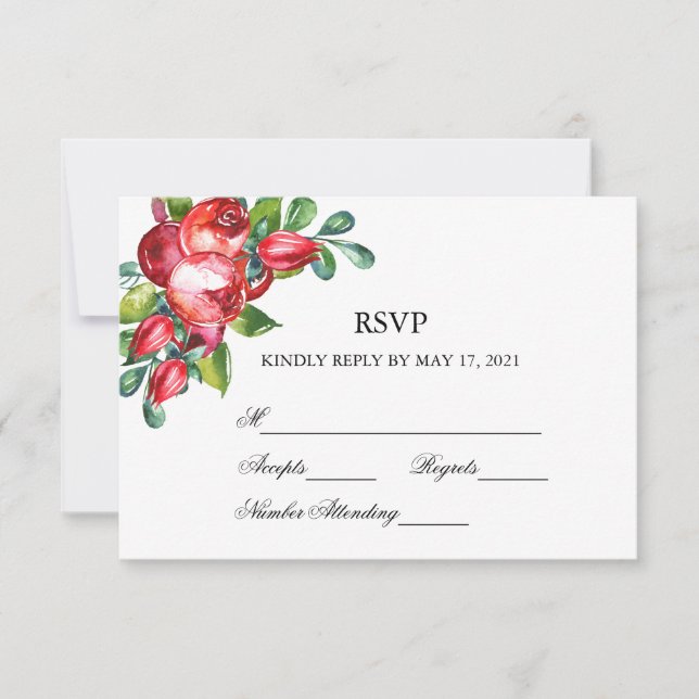 Rose and Berry Watercolor Stems Wedding RSVP Card (Front)