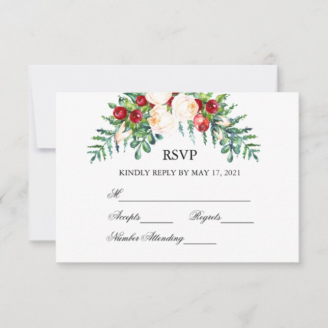 Rose and Berry Watercolor Stems Wedding RSVP Card (Front)
