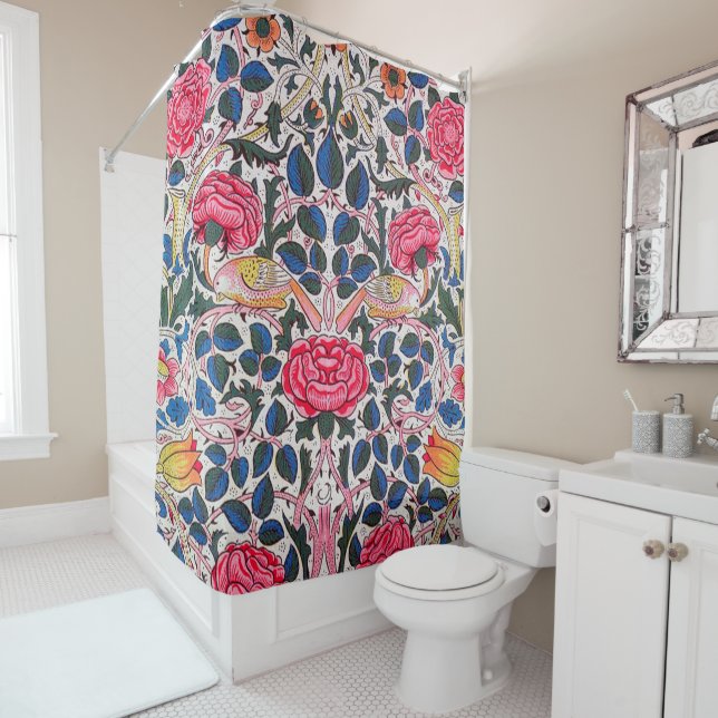 Rose and Bird, William Morris Shower Curtain (In Situ)