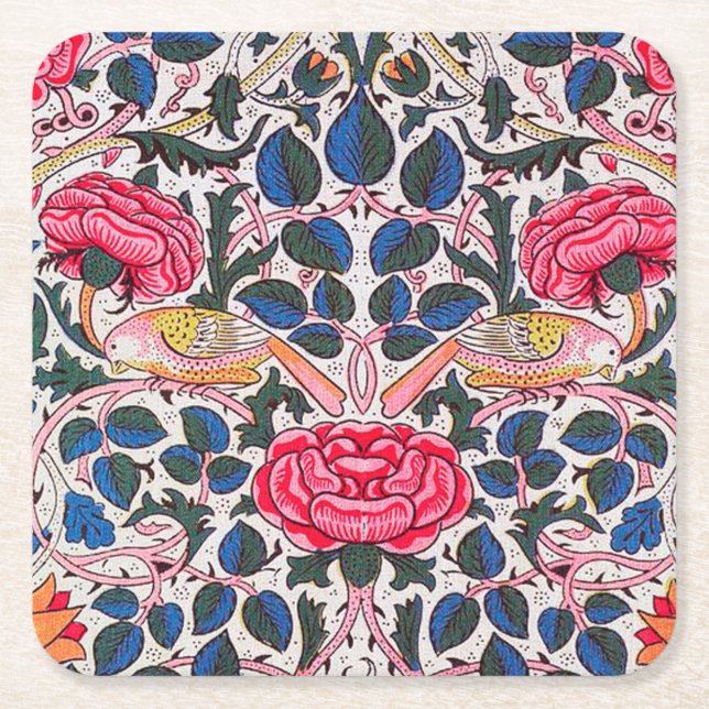 Rose and Bird, William Morris Square Paper Coaster (Front)