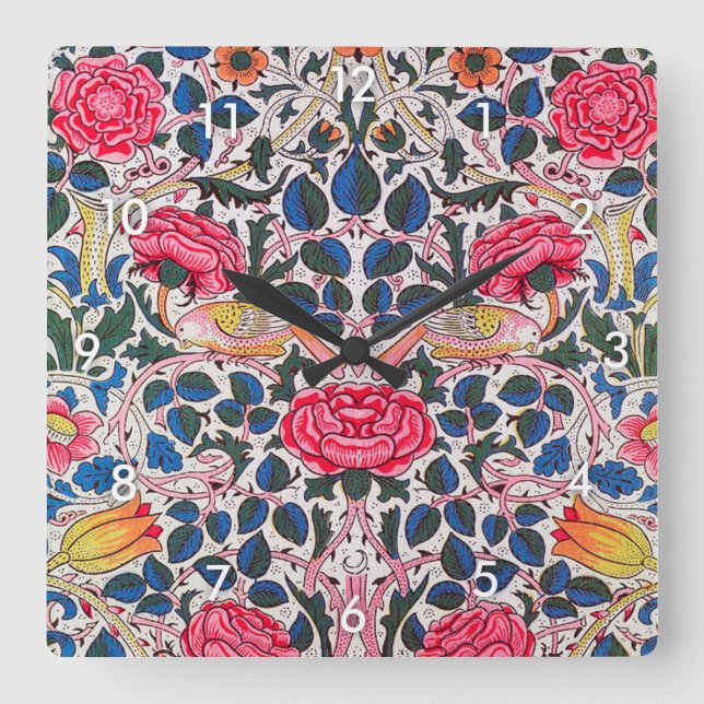 Rose and Bird, William Morris Square Wall Clock (Front)