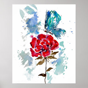 Rose and Butterfly Watercolor Poster Print