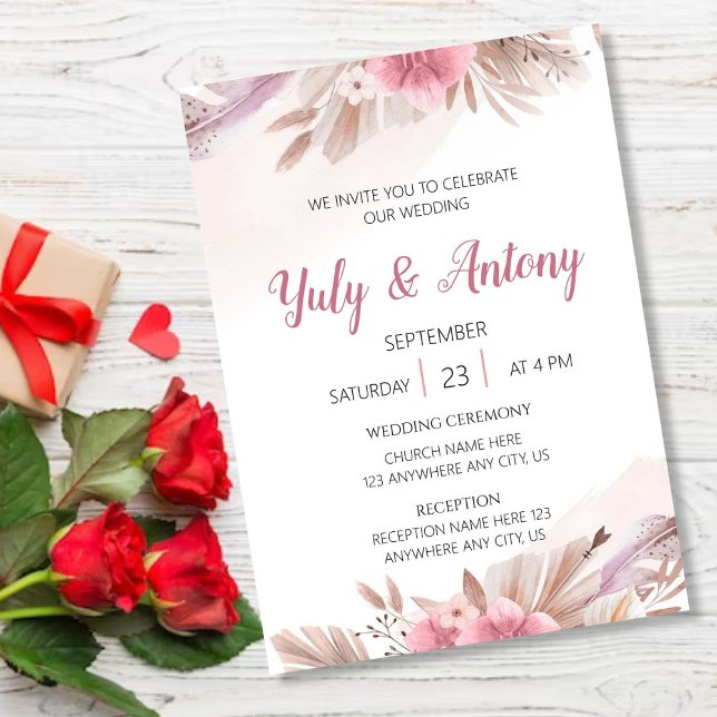  Rose and Champagne Boho Chic Wedding Invite (Tarjeta de invitacion flores beige, marron y rosado)