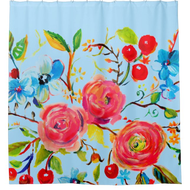 Rose and Cherry Sky Blue 2.0 Shower Curtain (Front)
