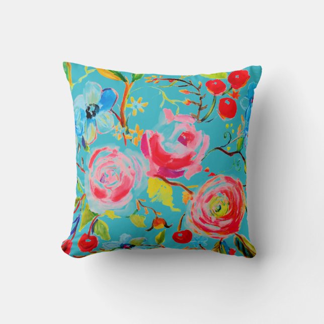 Rose and Cherry Turquoise Customisable Cushion (Front)