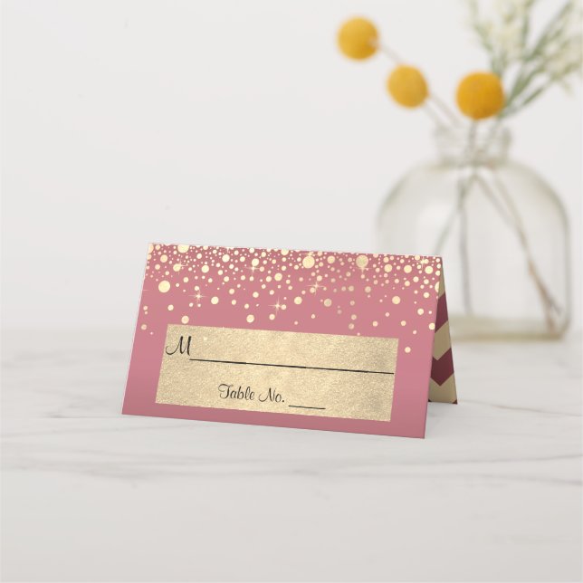 Rose and Gold Chevron and Confetti Dots Place Card (Front)