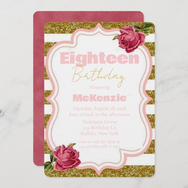 Rose and Gold Glitter Eighteenth Birthday Party Invitation (Front/Back)