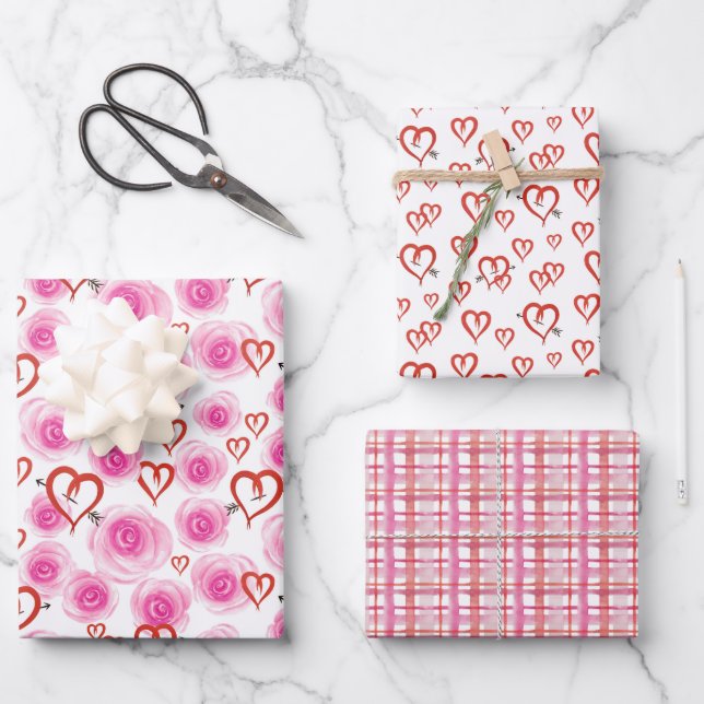 Rose and Heart Patterned Wrapping Paper Sheet (Front)