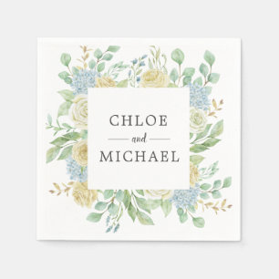 Rose and Hydrangea Floral Custom Wedding Napkin