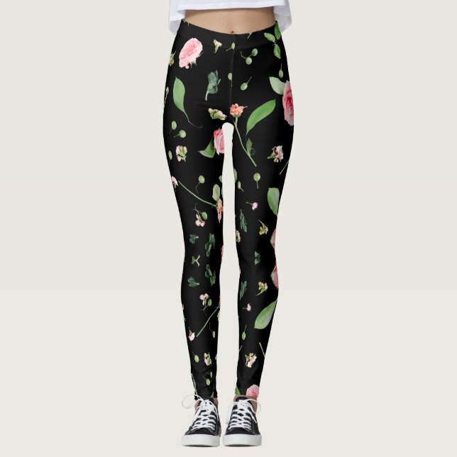 Rose and leaves on romantic black background leggings (Front)