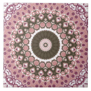 Rose and Mocha Mandala Pattern Floral Geometry Ceramic Tile