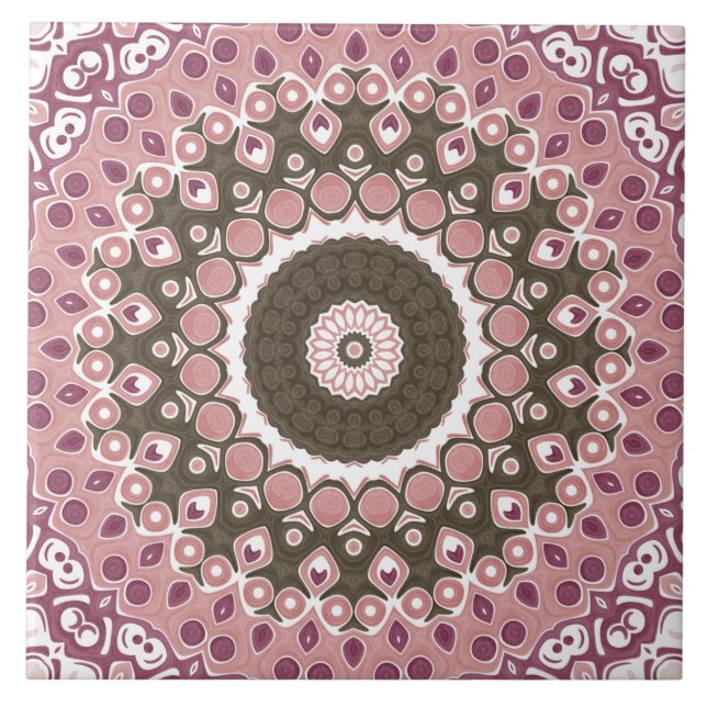 Rose and Mocha Mandala Pattern Floral Geometry Ceramic Tile (Front)