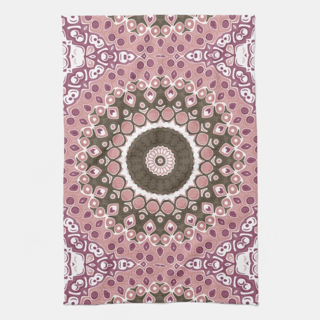 Rose and Mocha Mandala Pattern Floral Geometry Tea Towel (Vertical)