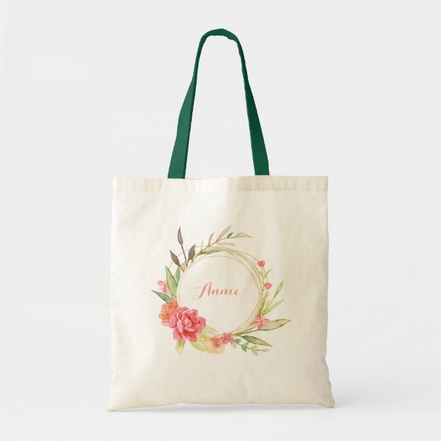 Rose and Peony Flower Wreath Tote Bag (Front)