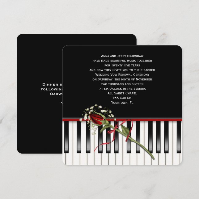 Rose and Piano Wedding Vow Renewal Invitation (Front/Back)