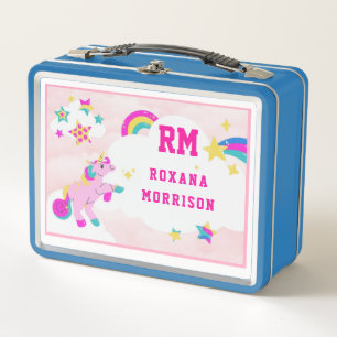 ROSE AND PINK  AND WINGED UNICORN LUNCH BLUE METAL LUNCH BOX